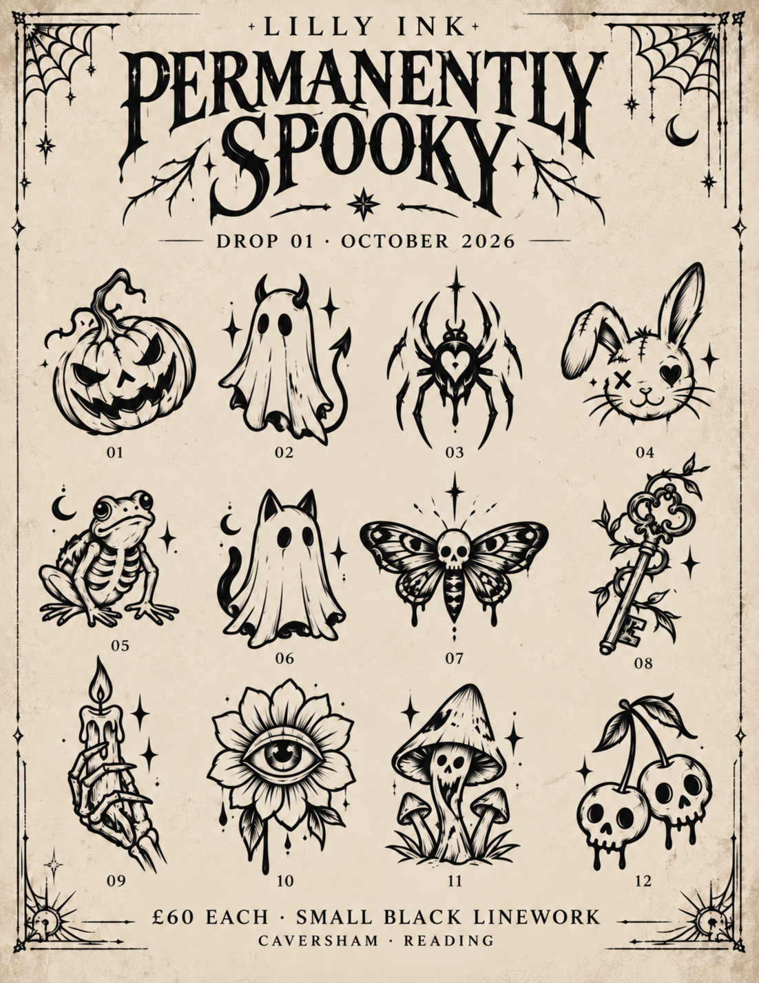 Lilly Ink Halloween Flash Drop 01 featuring twelve numbered small tattoo concepts.