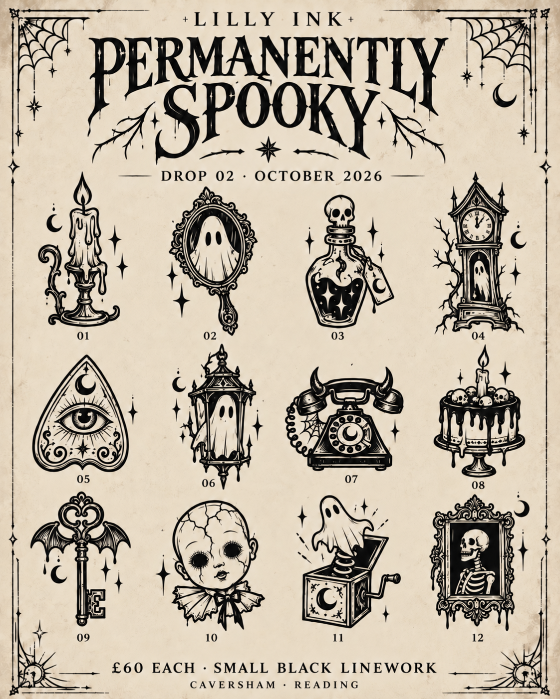 Lilly Ink Halloween Flash Drop 02 featuring twelve numbered small tattoo concepts.