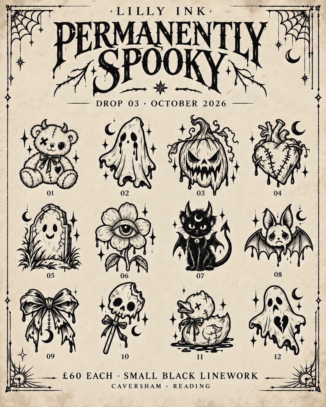 Lilly Ink Halloween Flash Drop 03 featuring twelve numbered small tattoo concepts.