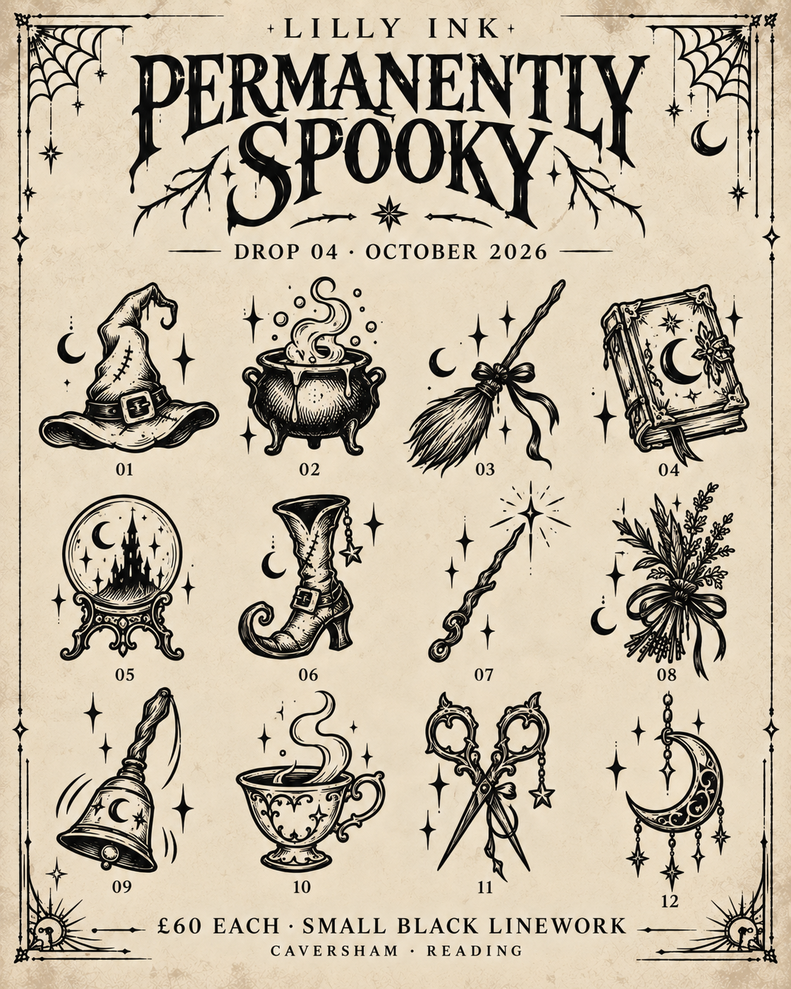 Lilly Ink Halloween Flash Drop 04 featuring twelve numbered small tattoo concepts.