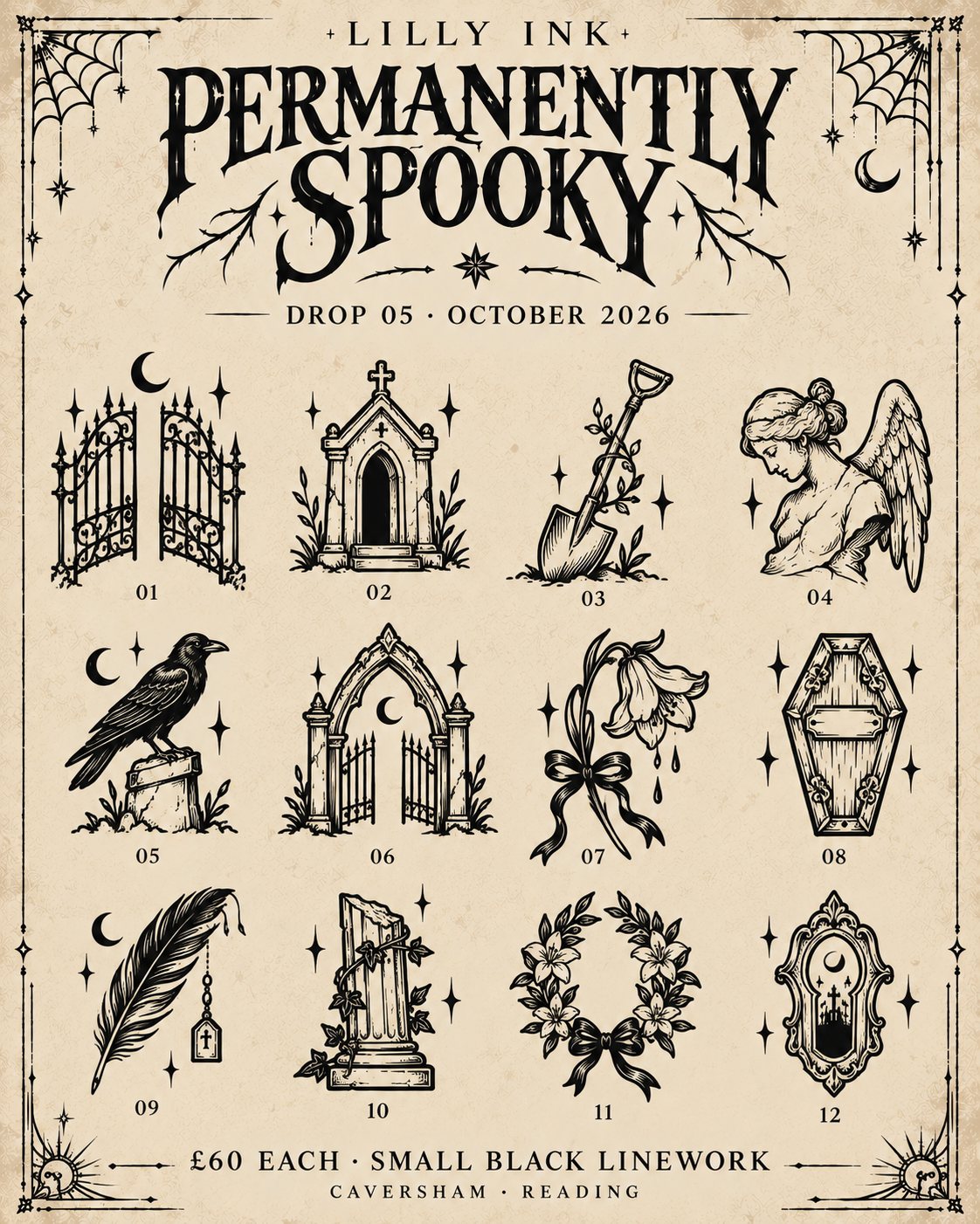Lilly Ink Halloween Flash Drop 05 featuring twelve numbered small tattoo concepts.