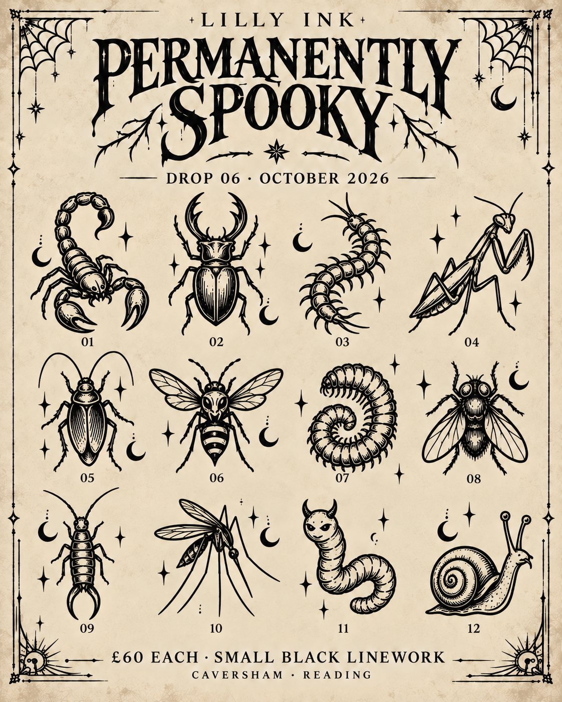 Lilly Ink Halloween Flash Drop 06 featuring twelve numbered tattoo concepts.