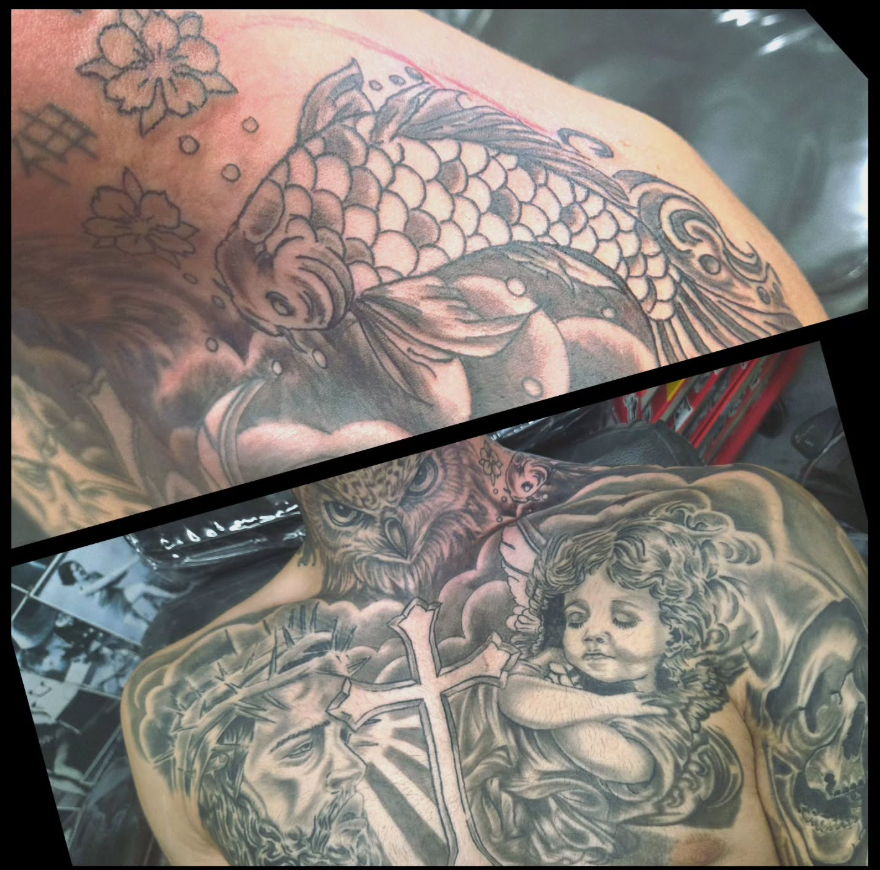 Black and grey back tattoos featuring koi fish and a detailed religious scene