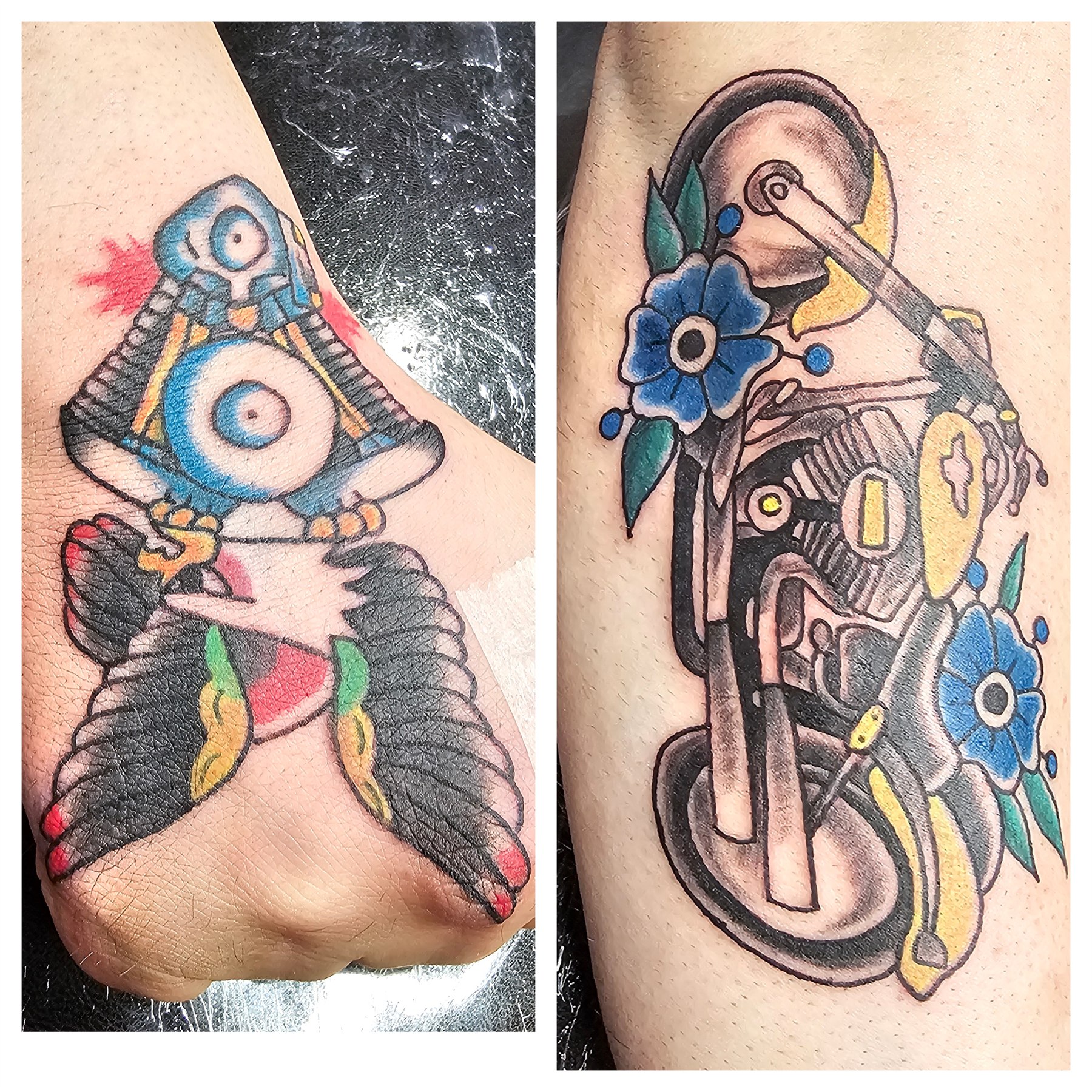 Pair of colourful illustrated mechanical tattoos