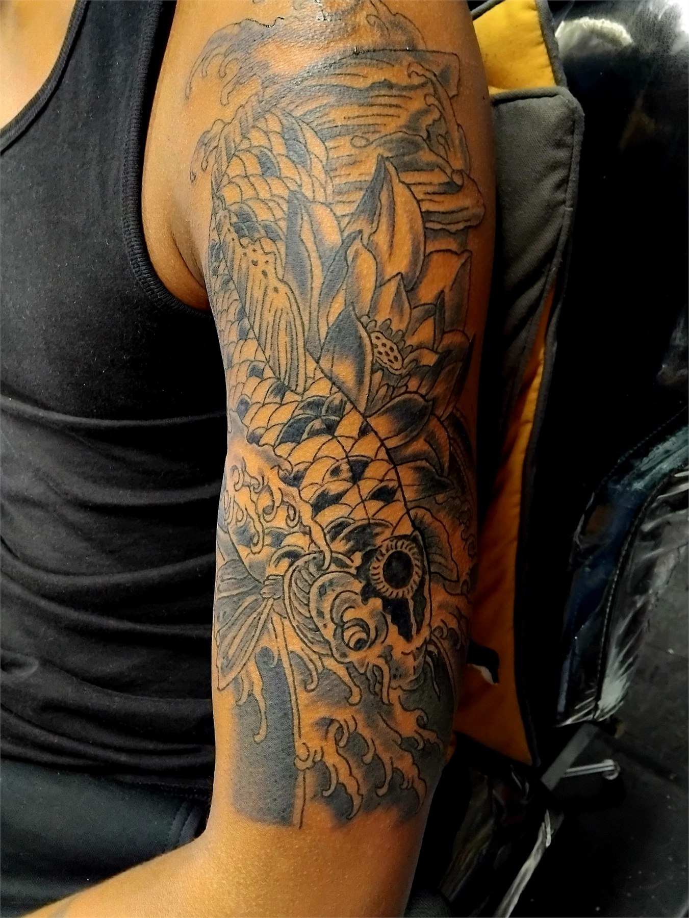 Detailed black and grey Egyptian themed tattoo sleeve